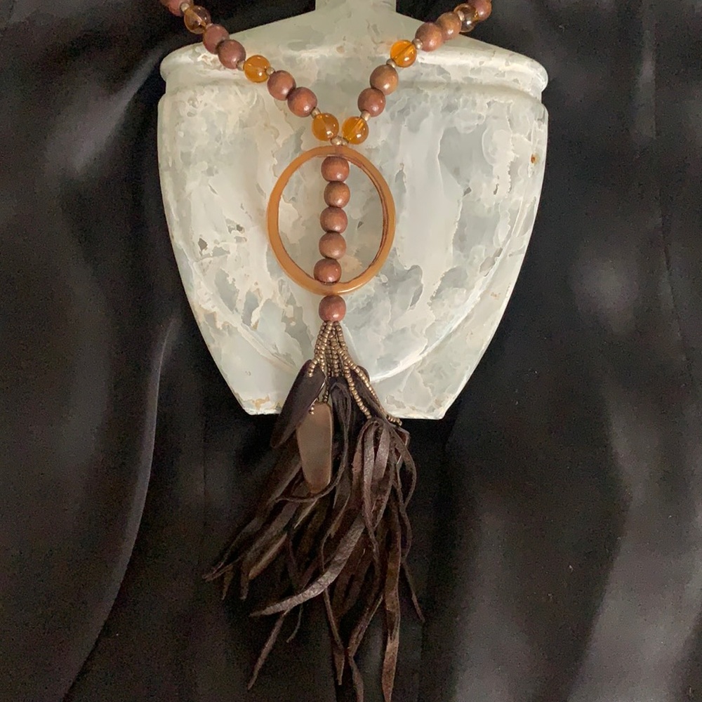 Long Brown Wood and Feather Necklace